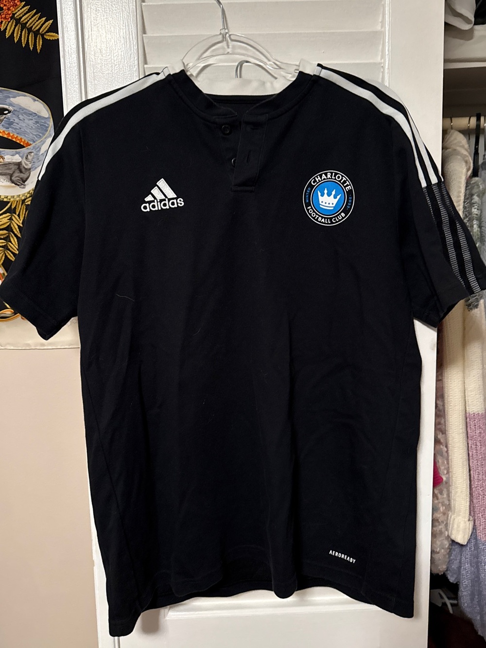 adidas Black Charlotte Football Club Short-Sleeve Henley Top